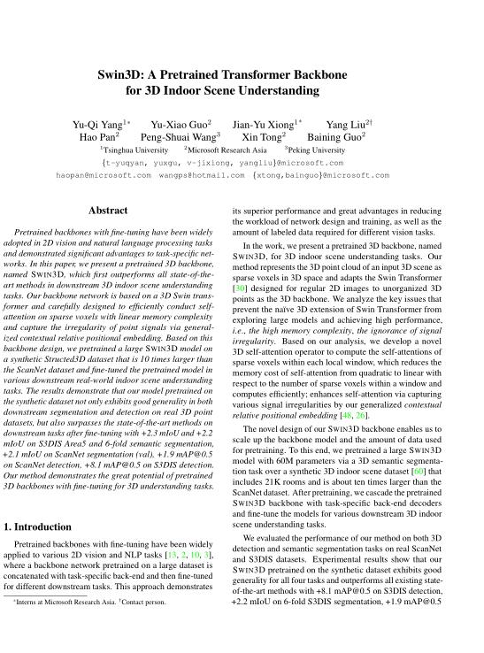 Swin3D:一個(gè)用于3D室內(nèi)場(chǎng)景理解的預(yù)先訓(xùn)練的Transformer主干 PDF 下載 圖1