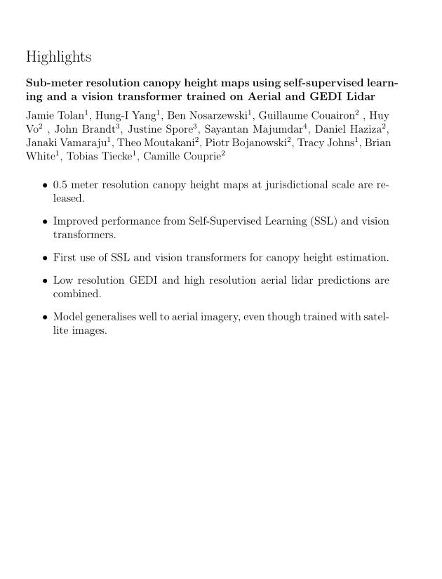使用自我監(jiān)督學習的亞米分辨率冠層高度圖和用于航空和GEDI激光雷達訓練的視覺轉換器 圖1
